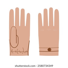 Driving Gloves Short Wrist length beige cartoon Fashion hand full-finger design snap-fit fastening pull-on style accessory clothing technical illustration garment. Vector Men women style flat template