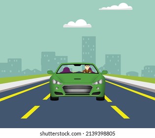 Conduciendo un hermoso coche verde en una carretera libre a la hora del día hermosa vista del frente.  