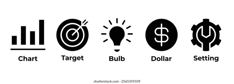 Driving Growth Icons set vector illustration with chart, target, bubl, dolar, setting