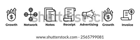 Driving Growth Icons set vector illustration with growth, network, notes, receipt, advertising, growth, invoice