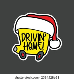 Driving home christmas car sticker design with car in santa hat 