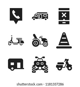 driving icon. 9 driving vector icons set. telephone location, scooter and caravan icons for web and design about driving theme