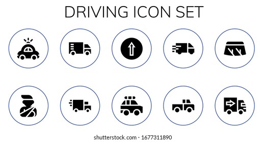 driving icon set. 10 filled driving icons. Included Police car, Accident, Truck, Delivery truck, Traffic signal, Windshield icons