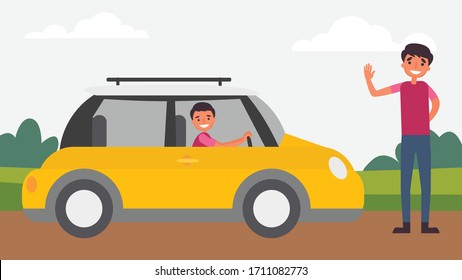 Driving instruction Father Son Activities Perfect Family Bonding spend time together.children is essential to their growth and development and to the type of human.vector illustration in flat cartoon.