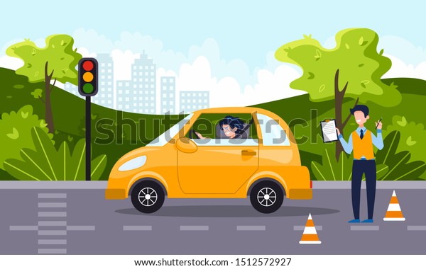 A driving instructor teach a happy young\
woman to drive a car. Driving school concept, driver\'s license,\
traffic rules and test. Vector flat illustration. Natural landscape\
on the background.