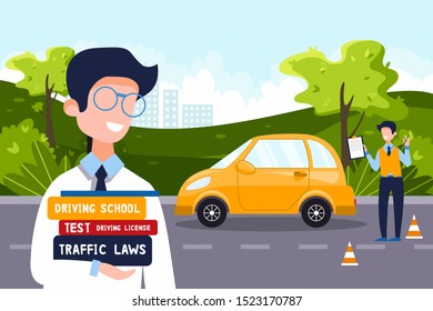 A driving instructor teaches a happy man who holds driving textbooks. Driving school concept, driver's license, traffic rules and tests. Vector flat illustration. Natural landscape in the background