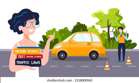 A driving instructor teaches a happy woman who holds driving textbooks. Driving school concept, driver's license, traffic rules and tests. Vector flat illustration. Natural landscape in the background