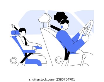 Driving with kids abstract concept vector illustration. Smiling little boy sitting in child car seat when mother driving, personal transport safety, steering with kids abstract metaphor.