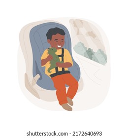 Driving to kindergarten isolated cartoon vector illustration. Child on a back seat holding a toy, car seat for toddler, driving with kids, way to kindergarten, family routine vector cartoon.