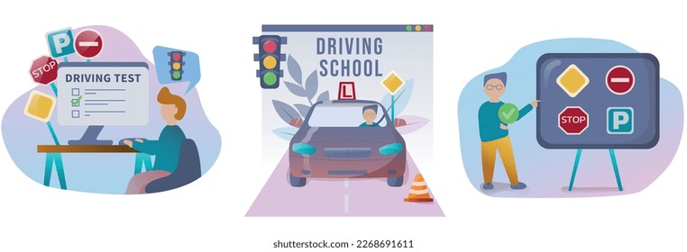 Driving lesson illustration collection. People studying in driving school and passing exams. Traffic rules. Road signs. Education and drive lesson. Vector illustration on white background