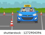 Driving lesson. Instructor sitting in a car next to a female student driver. Car driving practice. Flat vector illustration template.