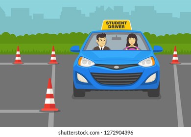 Driving lesson. Instructor sitting in a car next to a female student driver. Car driving practice. Flat vector illustration template.