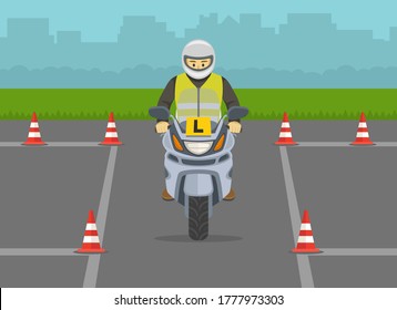 Driving Lesson. Learner Motorcyclist Practising To Ride A Bike. Flat Vector Illustration Template.