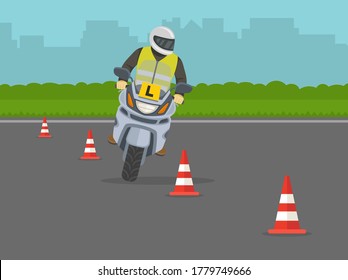 Driving Lesson. Learner Motorcyclist Practising To Turn While Riding A Bike. Flat Vector Illustration Template.