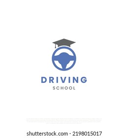 driving lesson logo, driving school logo, steering wheel combine with graduation hat logo concept