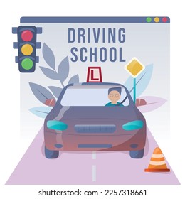 Fahrunterricht. Menschen, die in der Fahrschule lernen und Prüfungen bestehen. Verkehrsregeln. Straßenschilder. Bildung und Fahrunterricht. Moderner, flacher Cartoon-Stil. Vektorgrafik auf weißem Hintergrund