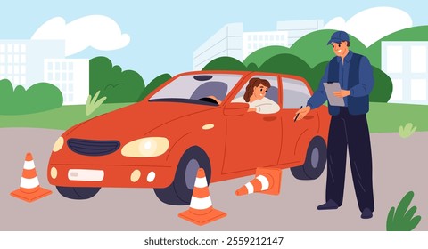 Driving lesson. Practical exercises. Car driver examination. Instructor notes mistakes. Passing exam. Student obtaining license. Automobile parking. Auto course. Garish