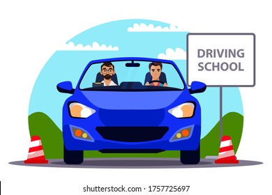 Driving lesson at school. Young man student and bearded instructor sitting practicing to ride and park car slowly. Teacher and learner character. Natural landscape with cone and signboard