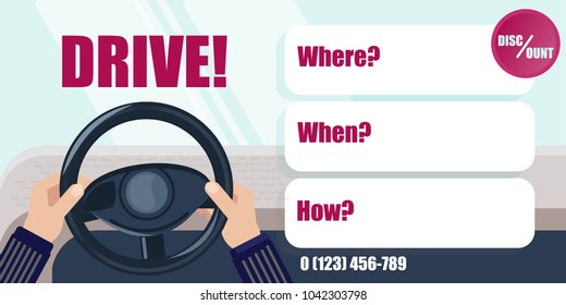 Driving lessons. Hands on the steering wheel of the car. Banner or flyer. Discount or offer. Driving school. Courses practice driving around the city.