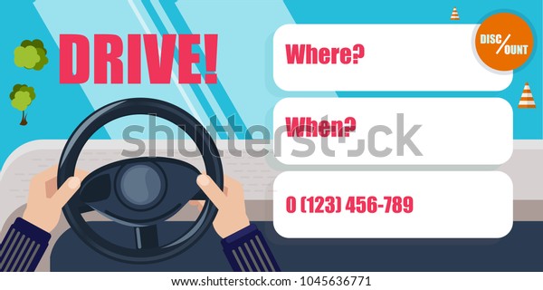 Driving lessons. Hands on the steering wheel of\
the car. Banner or flyer. Discount or offer. Driving school.\
Courses practice driving around the\
city.