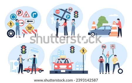 Driving lessons at school. People study drive rules and signs, giving license and prepare to examinations. New drivers with instructors, recent vector scenes
