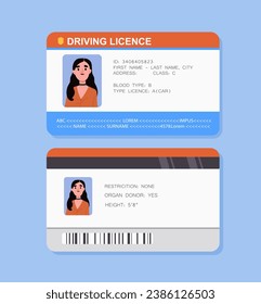 Plantilla de licencia de conducción. Documento para mujer chofer. La mujer avatar se burla. Niña en la tarjeta de identificación. Elemento gráfico para el sitio web. Dibujo vectorial plano de dibujos animados aislado en fondo azul