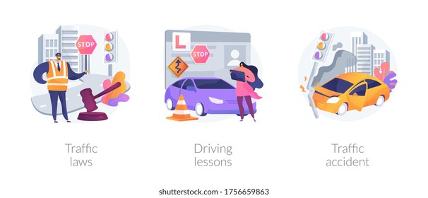 Driving License Abstract Concept Vector Illustration Set. Traffic Laws, Driving Lessons, Traffic Accident, Road Safety, Violation Fine, Certified Instructor, Car Crash Investigation Abstract Metaphor.