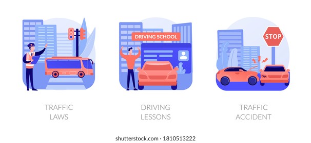 Driving License Abstract Concept Vector Illustration Set. Traffic Laws, Driving Lessons, Traffic Accident, Road Safety, Violation Fine, Certified Instructor, Car Crash Investigation Abstract Metaphor.