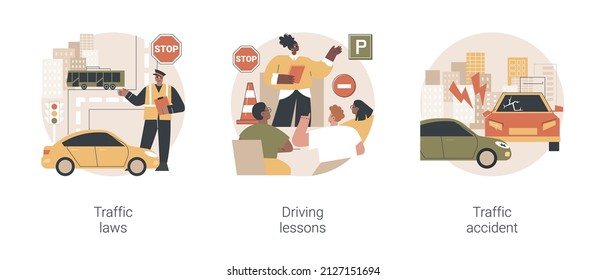 Driving license abstract concept vector illustration set. Traffic laws, driving lessons, traffic accident, road safety, violation fine, certified instructor, car crash investigation abstract metaphor.