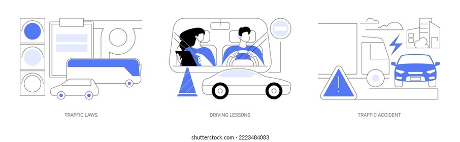 Driving license abstract concept vector illustration set. Traffic laws, driving lessons, traffic accident, road safety, violation fine, certified instructor, car crash investigation abstract metaphor.