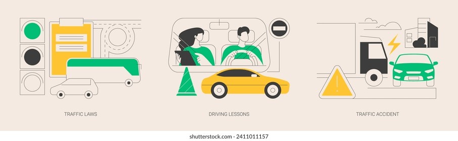 Driving license abstract concept vector illustration set. Traffic laws, driving lessons, traffic accident, road safety, violation fine, certified instructor, car crash investigation abstract metaphor.