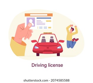 Driving license concept. Young man stands next to red car, rejoices and jumps. Big hand hands character certificate. School for drivers. Guy passed exams. Cartoon modern flat vector illustration