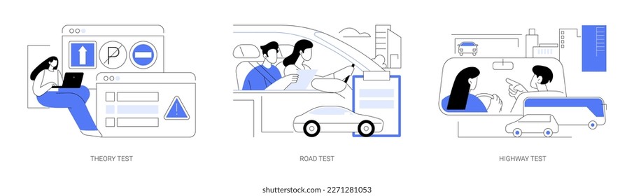 Conducción de los exámenes de la licencia de conducción: conjunto de ilustraciones vectoriales de concepto abstracto. Pruebas teóricas y de carretera con instructor, examen de la escuela de conducción de carreteras, conocimiento de las reglas de tránsito, metáfora abstracta de la ruta de la ciudad.