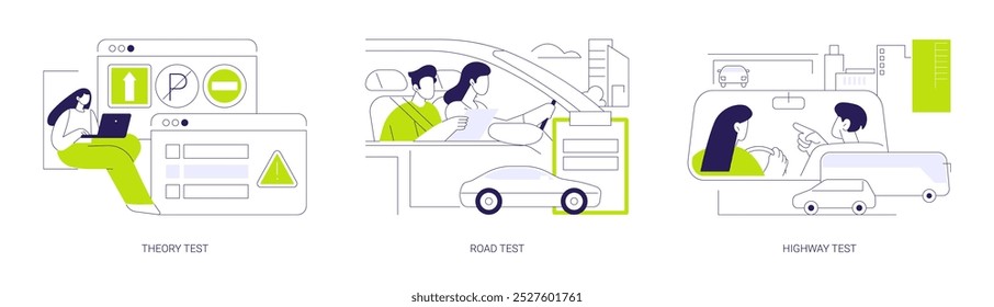 Conjunto de Ilustración vectorial de concepto abstracto de exámenes de Licencia de conducción. Teoría y pruebas de carretera con instructor, aprobar el examen de la escuela de conducción de carreteras, conocimiento de las reglas de tráfico, metáfora abstracta de la ruta de la ciudad.