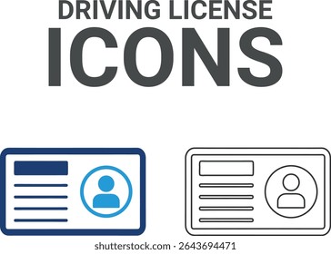 Ícones de carta de condução, Ícones de arte de linha, Ele contém um contrato, um acordo, um passaporte, um bilhete de identidade, um certificado, uma licença, uma patente, um testamento e muito mais. Coleção de ícones sólidos de vetor