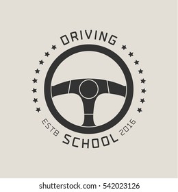 Driving license school vector logo,  emblem. Steering wheel graphic design element