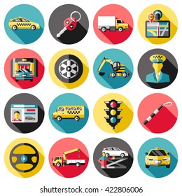 Driving long shadow icons set with key car washing breakdown truck navigator excavator hoist isolated vector illustration 