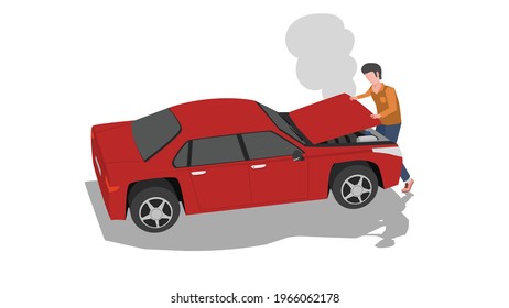 Driving man with open car hood. Smoke or water vapor coming out of the engine. Red cars that are parked for breakdown and maintenance. On isolated white background.