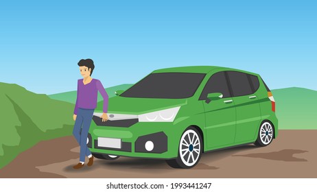 Driving man in private time standing in front of the car. with car green color parking on the soil road with green mountain and grass with blue sky.