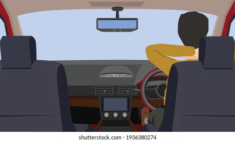 Driving man sat in the car, put his arms around his neck in a comfortable mood. Interior view of the passenger car with the entire console.  Take a break or wait during traffic jams.