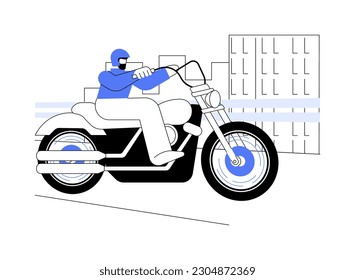 Driving motorcycle in the city abstract concept vector illustration. Man in helmet riding a motorbike in city, personal transport, extreme driving, fast speed vehicle abstract metaphor.