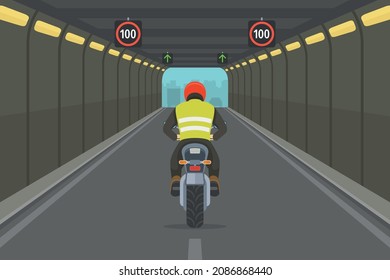 Driving motorcycle. City highway tunnel road. Back view of a motorcycle rider. Flat vector illustration template.