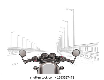 Driving a motorcycle on a highway. Flat vector.
