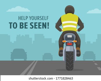 Driving A Motorcycle. Safety Bike Ride On Road. Help Yourself To Be Seen. Biker Wears Safety Jacket Vest. Flat Vector Illustration.