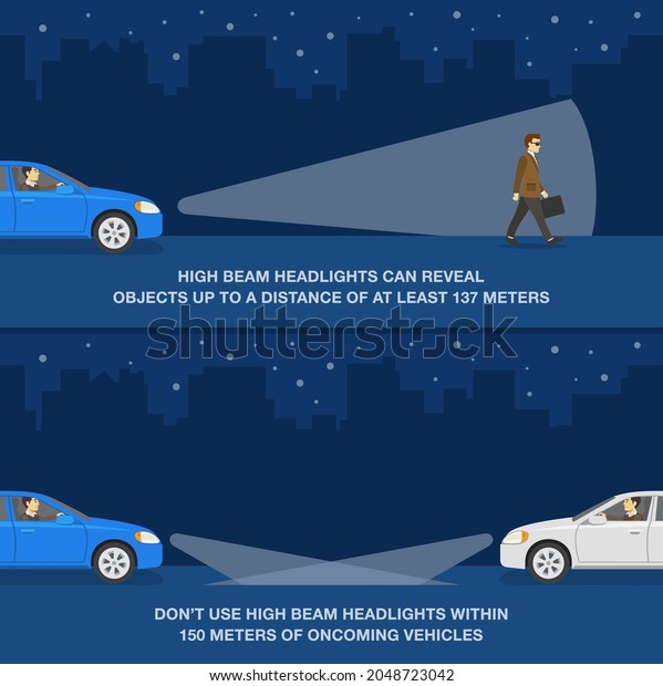Driving at night. Using low and high beam headlights\
tips. When to use vehicle deadlights. Flat vector illustration\
template. 
