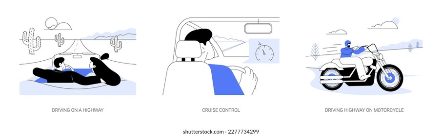 Driving on a highway abstract concept vector illustration set. Cruise control, driving highway on motorcycle, extreme high speed vehicle, city road, personal transport owner abstract metaphor.