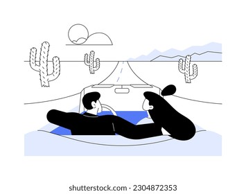 Driving on a highway abstract concept vector illustration. Young couple in a convertible car, honey moon, driving a personal transport on a highway, beautiful nature abstract metaphor.