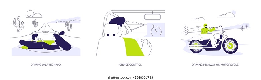 Conduciendo en un conjunto de Ilustración vectorial de concepto abstracto de carretera. Control de crucero, conducción de la carretera en la motocicleta, vehículo de alta velocidad extrema, carretera de la ciudad, metáfora abstracta del propietario del transporte personal.