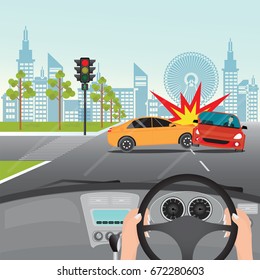 Conducción en la carretera y el inesperado caso de accidentes de auto en la carretera, Falta de respeto de las reglas de tránsito, vector conceptual Ilustración.