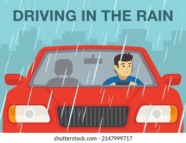 Driving on a rainy and slippery road. Close-up view of a red sedan car driver looking left. Flat vector illustration template.